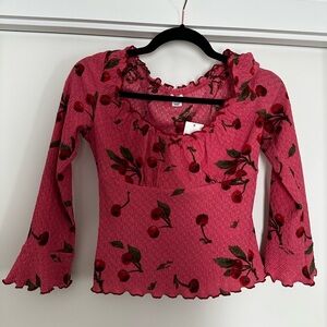 Kimchi Blue Cherry Patterned Pink Blouse
